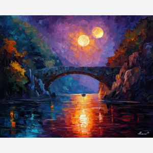 fantasy bridge,twin moons,magical cliffs,oil painting,afremov style