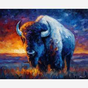 fantasy bison,glowing horns,open plains,oil painting,afremov style