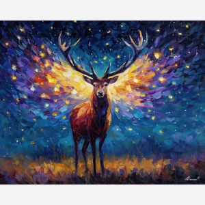 fantasy stag,glowing wings,starry sky,oil painting,afremov style