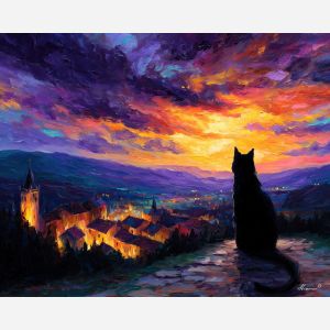 fantasy cat guardian,twilight village,oil painting,afremov style