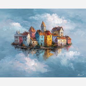 floating sky city,soft clouds,oil painting,afremov style