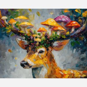 fantasy deer,mushroom antlers,enchanted forest,oil painting,afremov style