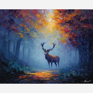 fantasy stag,glowing antlers,autumn forest,oil painting,afremov style