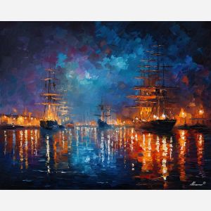 fantasy harbor,floating ships,glowing light,oil painting,afremov style