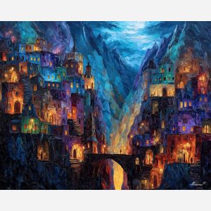 mountain city,fantasy magic,oil painting,afremov style
