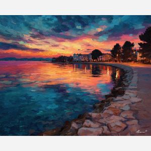 zadar sunset,coastal shore,oil painting,afremov style