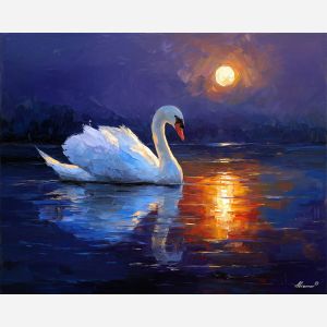 fantasy swan,moonlit lake,glowing feathers,oil painting,afremov style