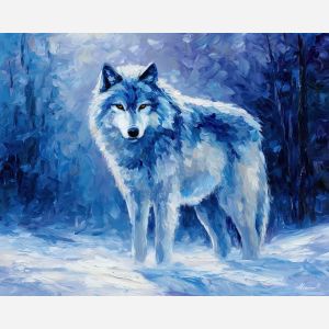 fantasy wolf,icy fur,winter forest,oil painting,afremov style