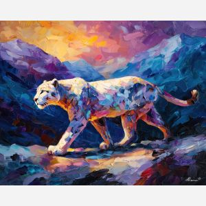 fantasy panther,crystal markings,mountain pass,oil painting,afremov style