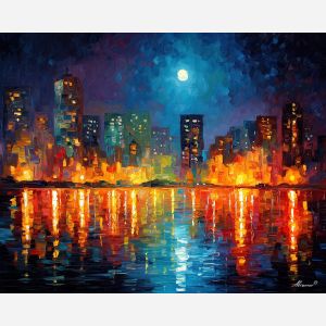 moonlit water city,fantasy capital,oil painting,afremov style