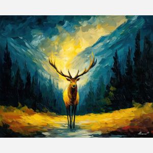 fantasy elk,glowing antlers,magical valley,oil painting,afremov style