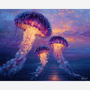 fantasy jellyfish,sky creature,glowing tentacles,oil painting,afremov style