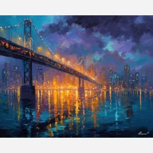 fantasy sky city,glowing bridges,oil painting,afremov style