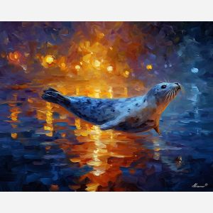 fantasy seal,moonlit water,glowing animal,oil painting,afremov style