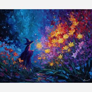 mage fantasy,night flowers,oil painting,afremov style