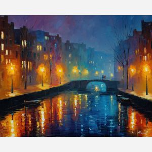 fantasy canal city,glowing mist,oil painting,afremov style