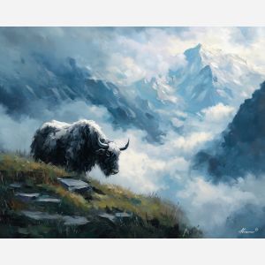 fantasy yak,high cliffs,cloudscape,oil painting,afremov style