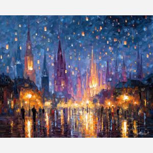 magical city,lantern spires,fantasy architecture,oil painting,afremov style
