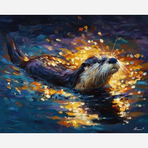 fantasy otter,shimmering fins,river scene,oil painting,afremov style