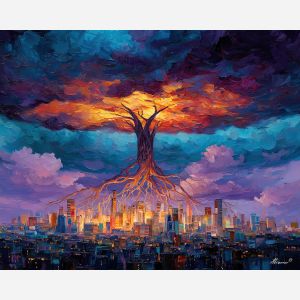 tree root city,fantasy architecture,oil painting,afremov style