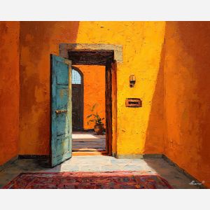 amber, interior, threshold, palette knife, oil painting, impasto, thick pigment, layered surface, scraped paint, textured strokes, expressive surface, material depth, hand painted, visual balance, atmospheric, color interaction, paint ridges, manual technique