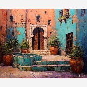 muted, courtyard, palette knife, oil painting, impasto, thick pigment, layered surface, scraped paint, textured strokes, expressive surface, material depth, hand painted, visual balance, atmospheric, color interaction, paint ridges, manual technique
