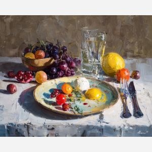 gathered, dish, palette knife, oil painting, impasto, thick pigment, layered surface, scraped paint, textured strokes, expressive surface, material depth, hand painted, visual balance, atmospheric, color interaction, paint ridges, manual technique