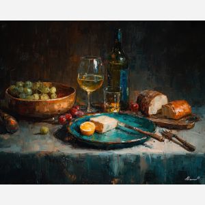 evening, plate, palette knife, oil painting, impasto, thick pigment, layered surface, scraped paint, textured strokes, expressive surface, material depth, hand painted, visual balance, atmospheric, color interaction, paint ridges, manual technique