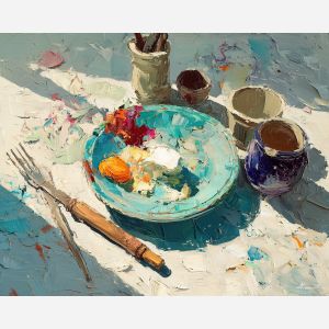 fresh, meal, palette knife, oil painting, impasto, thick pigment, layered surface, scraped paint, textured strokes, expressive surface, material depth, hand painted, visual balance, atmospheric, color interaction, paint ridges, manual technique