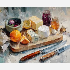 prepared, serving, palette knife, oil painting, impasto, thick pigment, layered surface, scraped paint, textured strokes, expressive surface, material depth, hand painted, visual balance, atmospheric, color interaction, paint ridges, manual technique