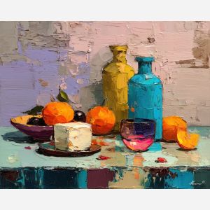 evening, pause, palette knife, oil painting, impasto, thick pigment, layered surface, scraped paint, textured strokes, expressive surface, material depth, hand painted, visual balance, atmospheric, color interaction, paint ridges, manual technique