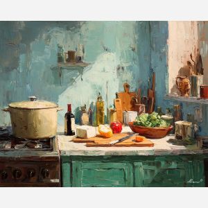 warm, kitchen, palette knife, oil painting, impasto, thick pigment, layered surface, scraped paint, textured strokes, expressive surface, material depth, hand painted, visual balance, atmospheric, color interaction, paint ridges, manual technique