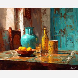 interior, afternoon, palette knife, oil painting, impasto, thick pigment, layered surface, scraped paint, textured strokes, expressive surface, material depth, hand painted, visual balance, atmospheric, color interaction, paint ridges, manual technique