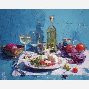 gathered, meal, palette knife, oil painting, impasto, thick pigment, layered surface, scraped paint, textured strokes, expressive surface, material depth, hand painted, visual balance, atmospheric, color interaction, paint ridges, manual technique