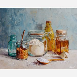 familiar, moment, palette knife, oil painting, impasto, thick pigment, layered surface, scraped paint, textured strokes, expressive surface, material depth, hand painted, visual balance, atmospheric, color interaction, paint ridges, manual technique