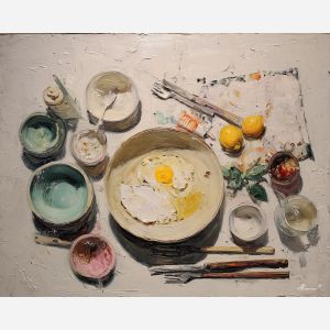 prepared, dish, palette knife, oil painting, impasto, thick pigment, layered surface, scraped paint, textured strokes, expressive surface, material depth, hand painted, visual balance, atmospheric, color interaction, paint ridges, manual technique