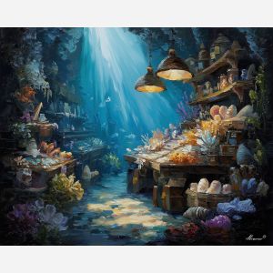 underwater market,magical sea beings,oil painting,afremov style