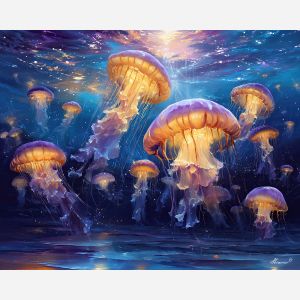 glowing jellyfish,magical sea,oil painting,afremov style