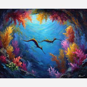 sea dragons,underwater arches,fantasy ocean,oil painting,afremov style