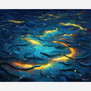 glowing eels,deep sea fantasy,oil painting,afremov style