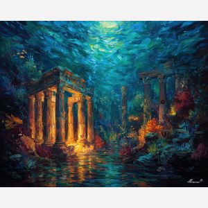 underwater ruins,magical currents,oil painting,afremov style