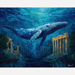 fantasy whale,underwater ruins,oil painting,afremov style
