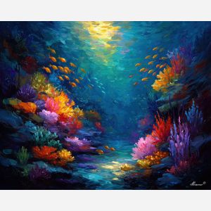 glowing fish,coral reef,fantasy underwater,oil painting,afremov style