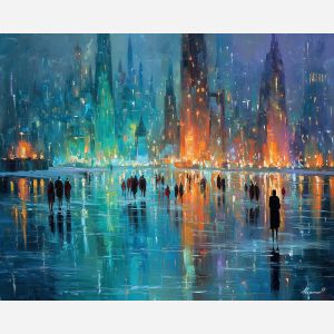 ice fantasy city,glowing beings,oil painting,afremov style