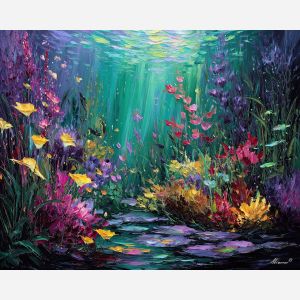 underwater garden,magical beings,oil painting,afremov style