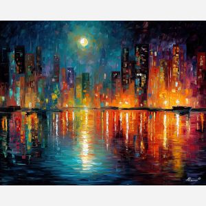 moonlit city,water reflections,oil painting,afremov style