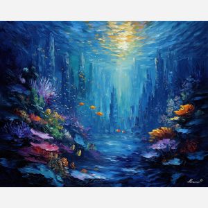 magical underwater,blue coral,fantasy sea beings,oil painting,afremov style