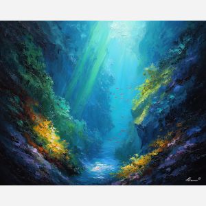 glowing eels,underwater canyon,oil painting,afremov style