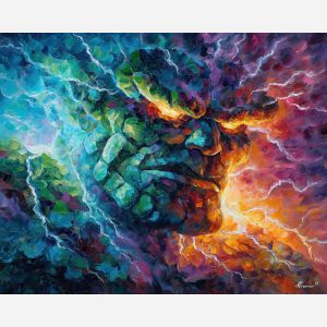 earth elemental giant,glowing stone,oil painting,afremov style