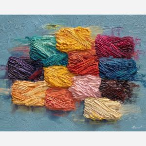 knotted, threaded, texture, palette knife, oil painting, impasto, thick pigment, layered surface, scraped paint, textured strokes, expressive surface, material depth, hand painted, visual balance, atmospheric, color interaction, paint ridges, manual technique